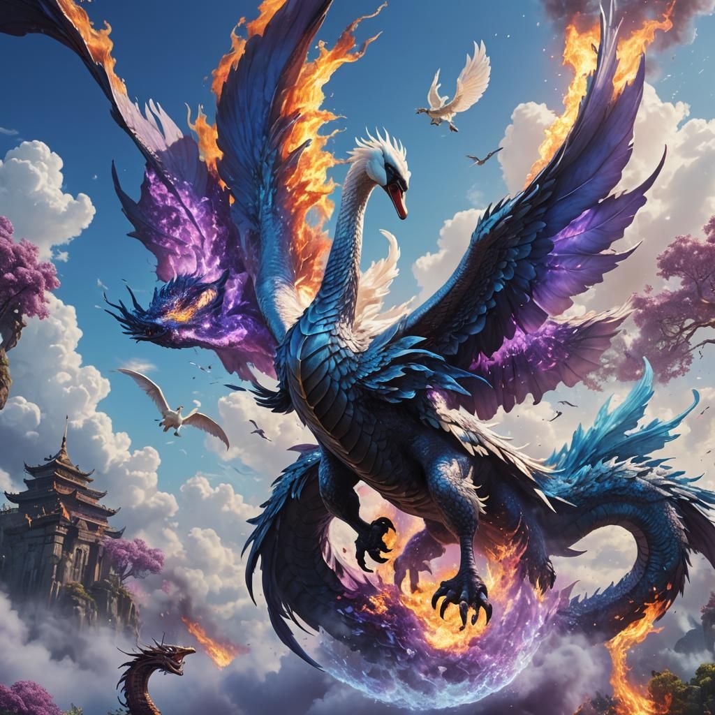 Swan and Dragon Flight in Fantasy Art Style