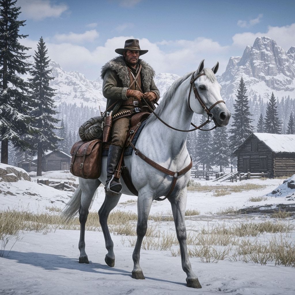 Arthur Morgan Rides White Horse in Snowy Mountains