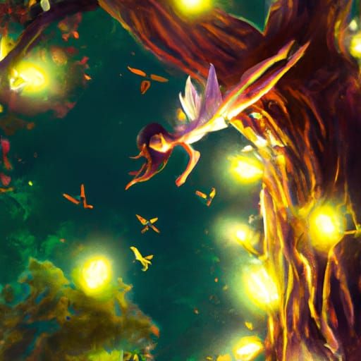 Girl Climbing Tree in Firefly Light: Digital Matte Painting