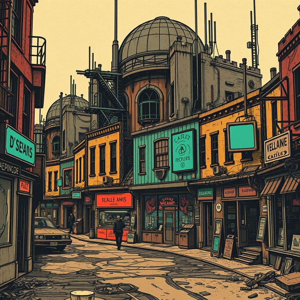 Cyberpunk Woodcut Alien Cityscape in Earthy Tones with Biolu...