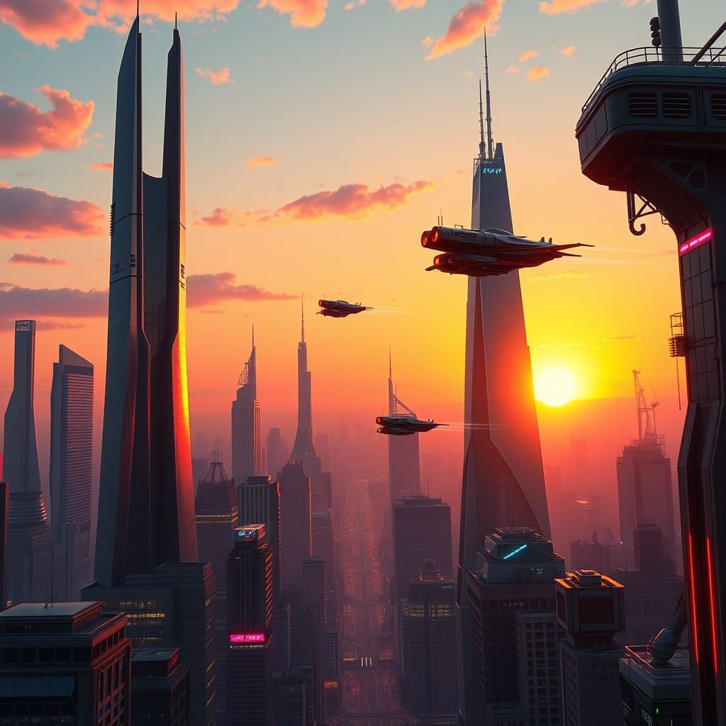Neon Futuristic Cityscape at Sunset in Cyberpunk Style