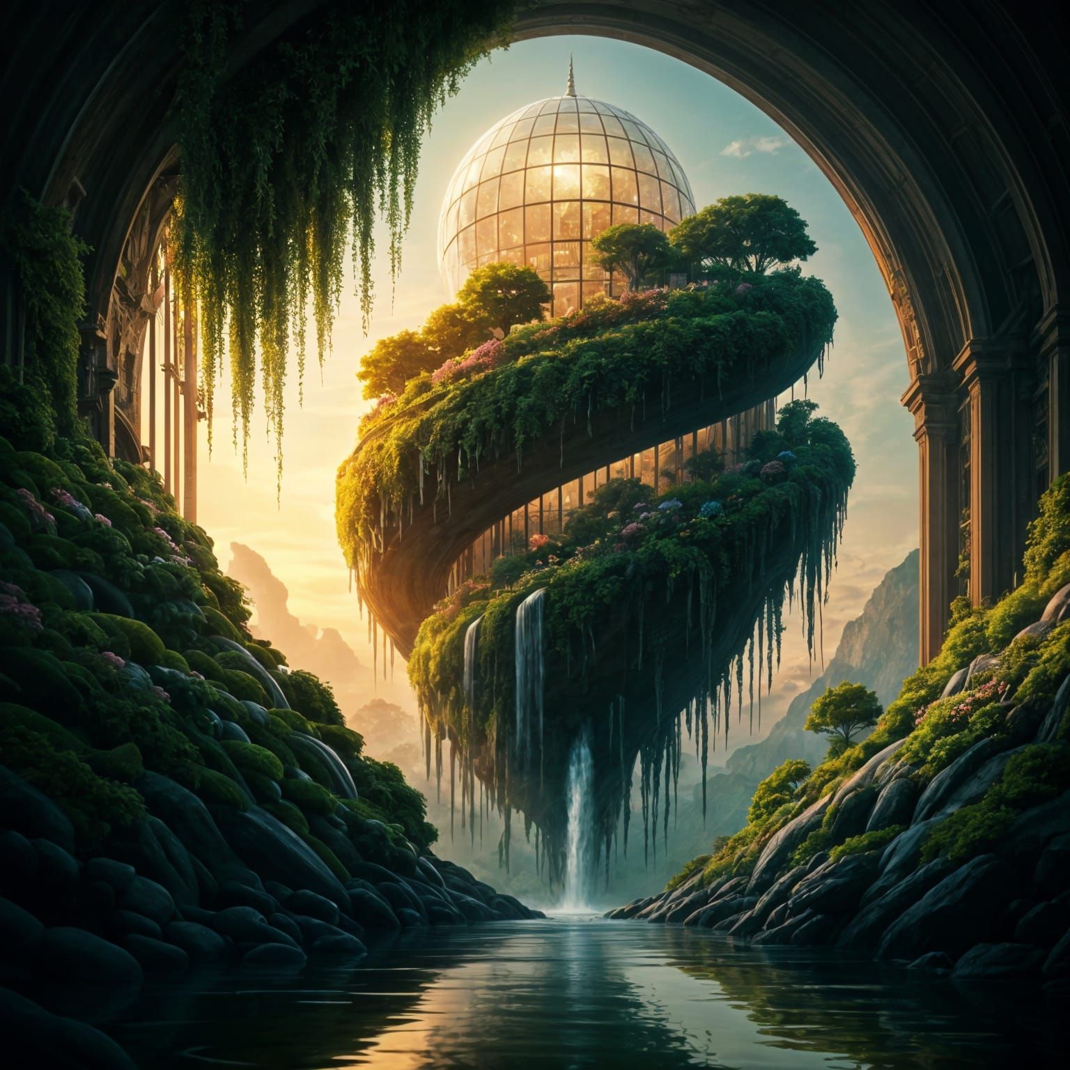 Surreal Solarpunk Oasis Blooms in a Skybound Garden Paradise