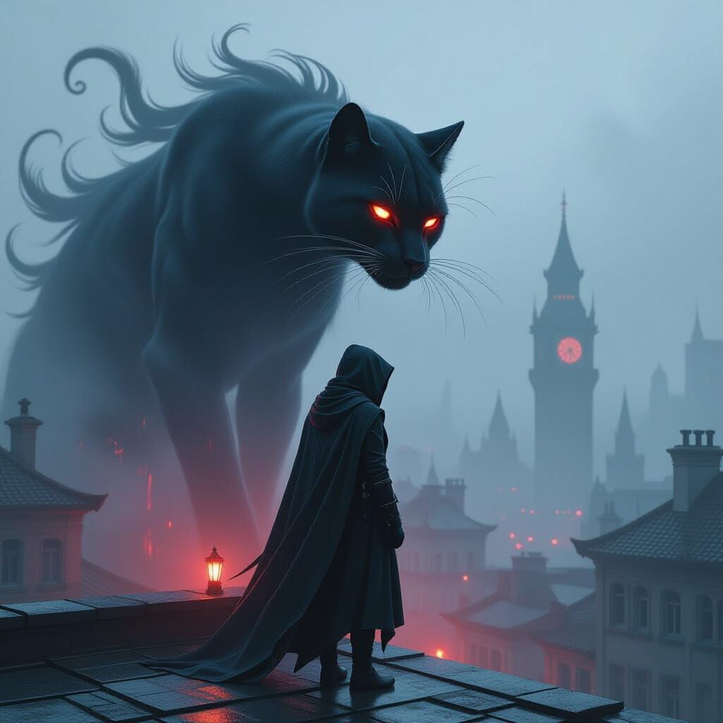 Neon Noir Assassin with Panther Spirit on Rooftop