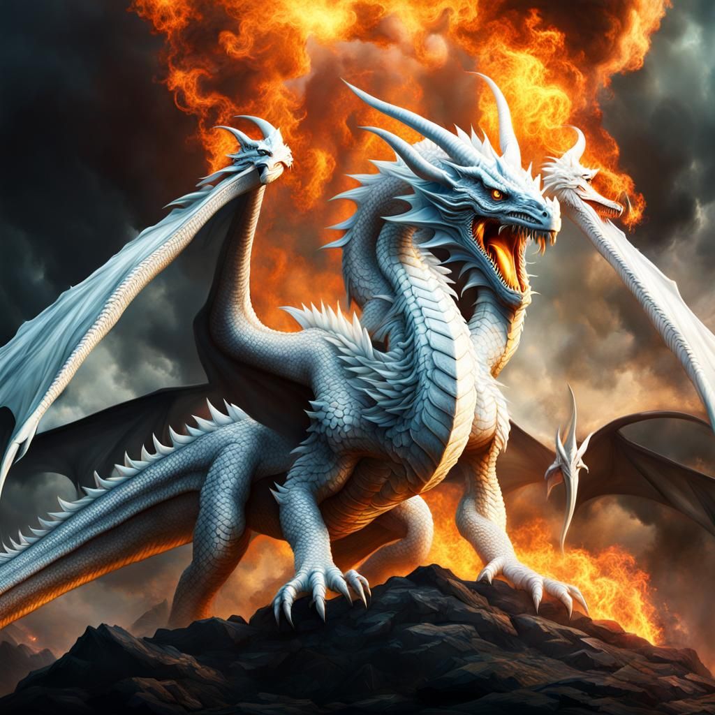 Three-Headed White Dragon Breathing Fire