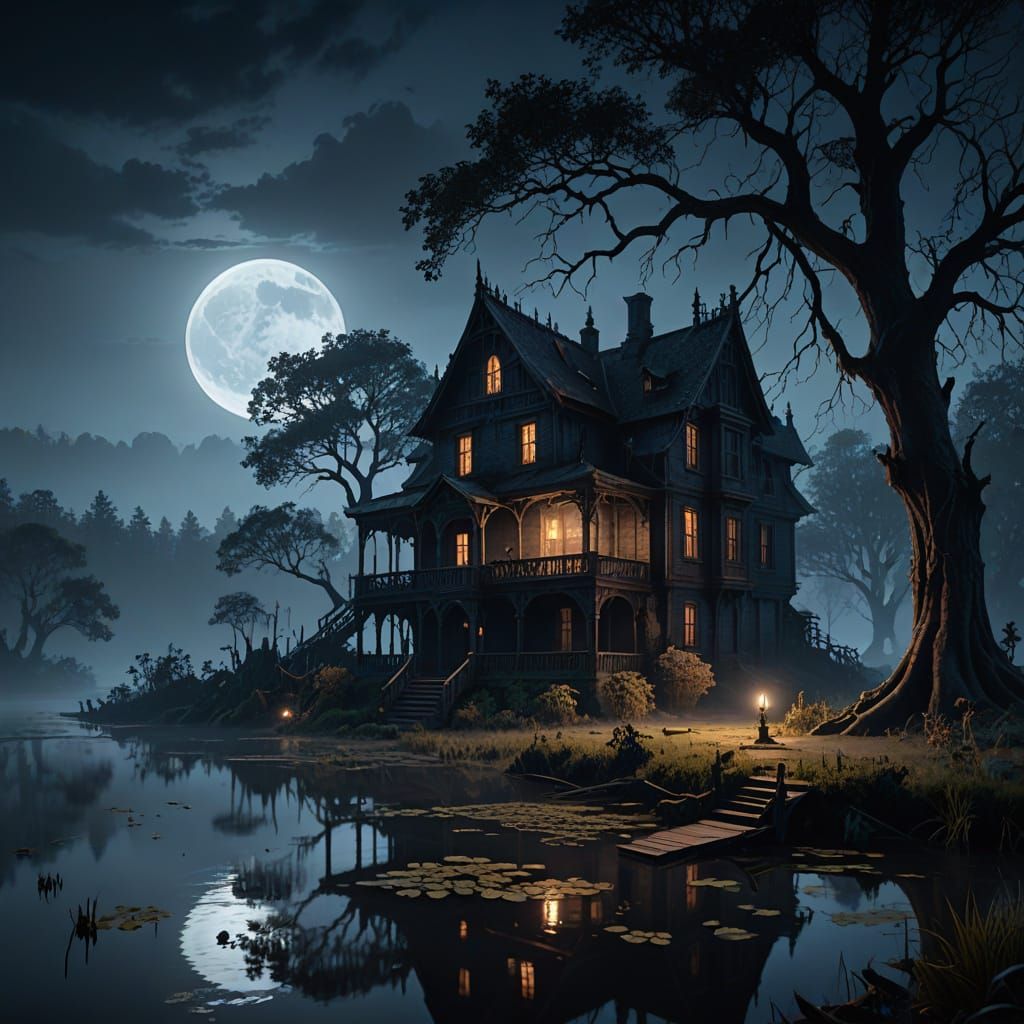 Mysterious Lakeside Mansion in Dark Fantasy Style