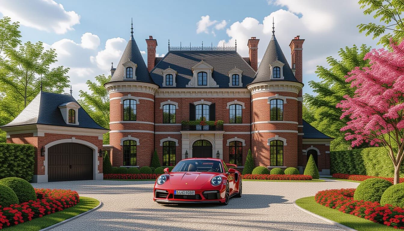Red Porsche 911 Carrera Parked at Victorian Chateau
