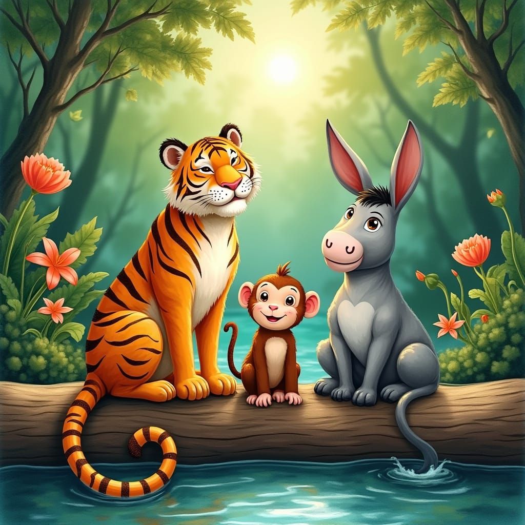 Tiger, Monkey, and Donkey in a Lush Jungle Scene, Inspired b...