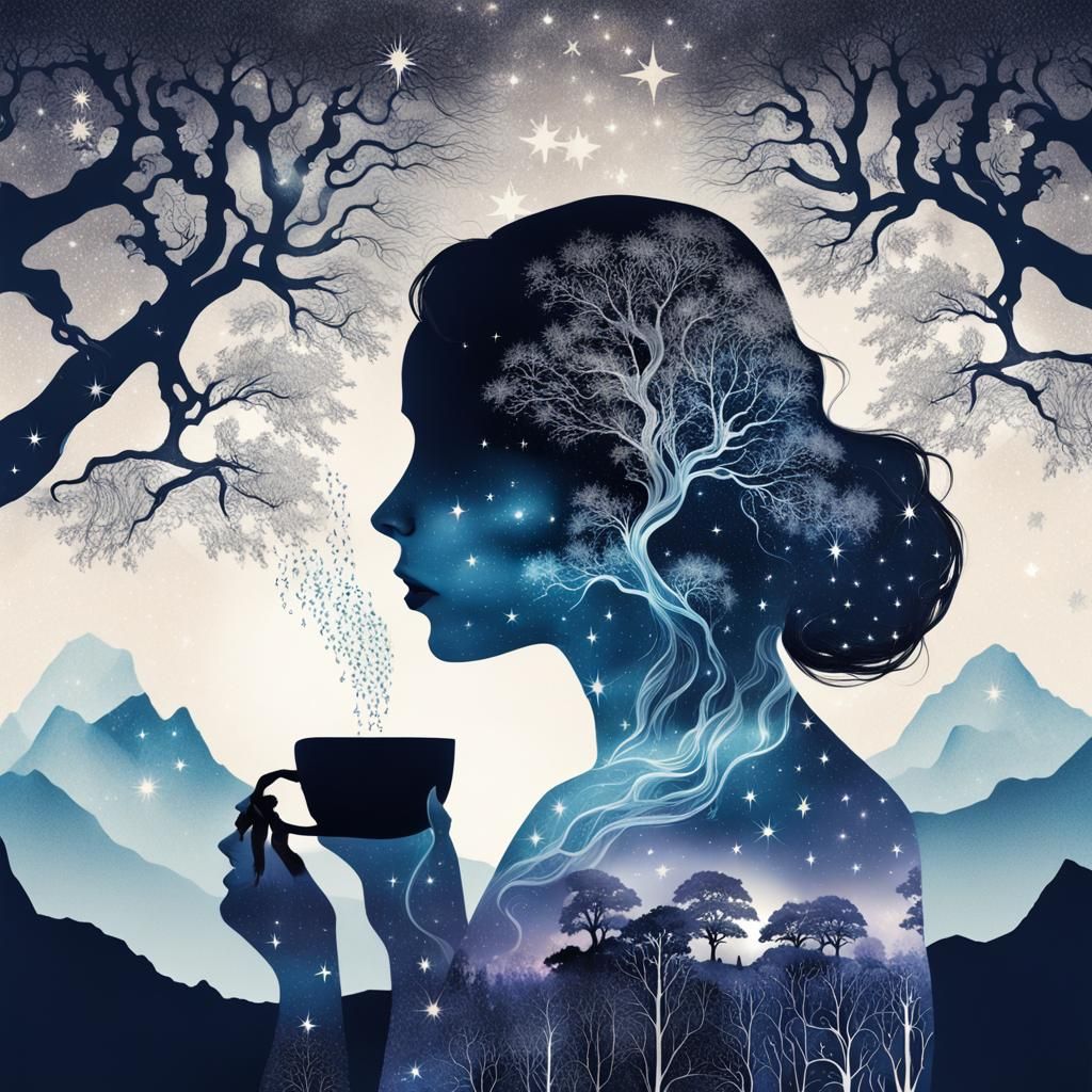 Surreal Double Exposure: Woman in Icy Starry Night