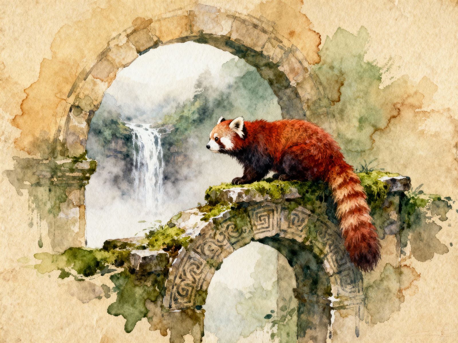 Curious Red Panda on Stone Archway