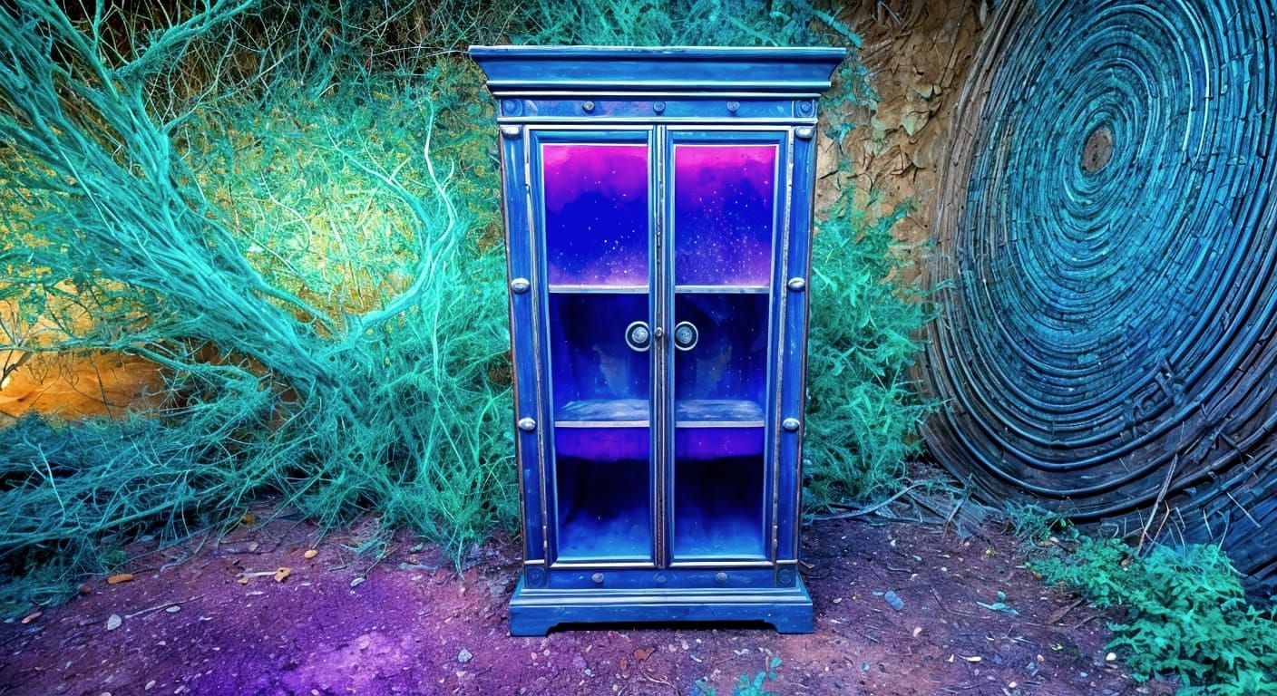 Surreal Mirror Cabinet in Desert Under Cosmic Sky