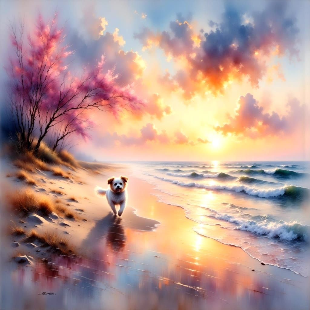 Dog Joyfully Runs on Sunset Shoreline in Impressionistic Sty...