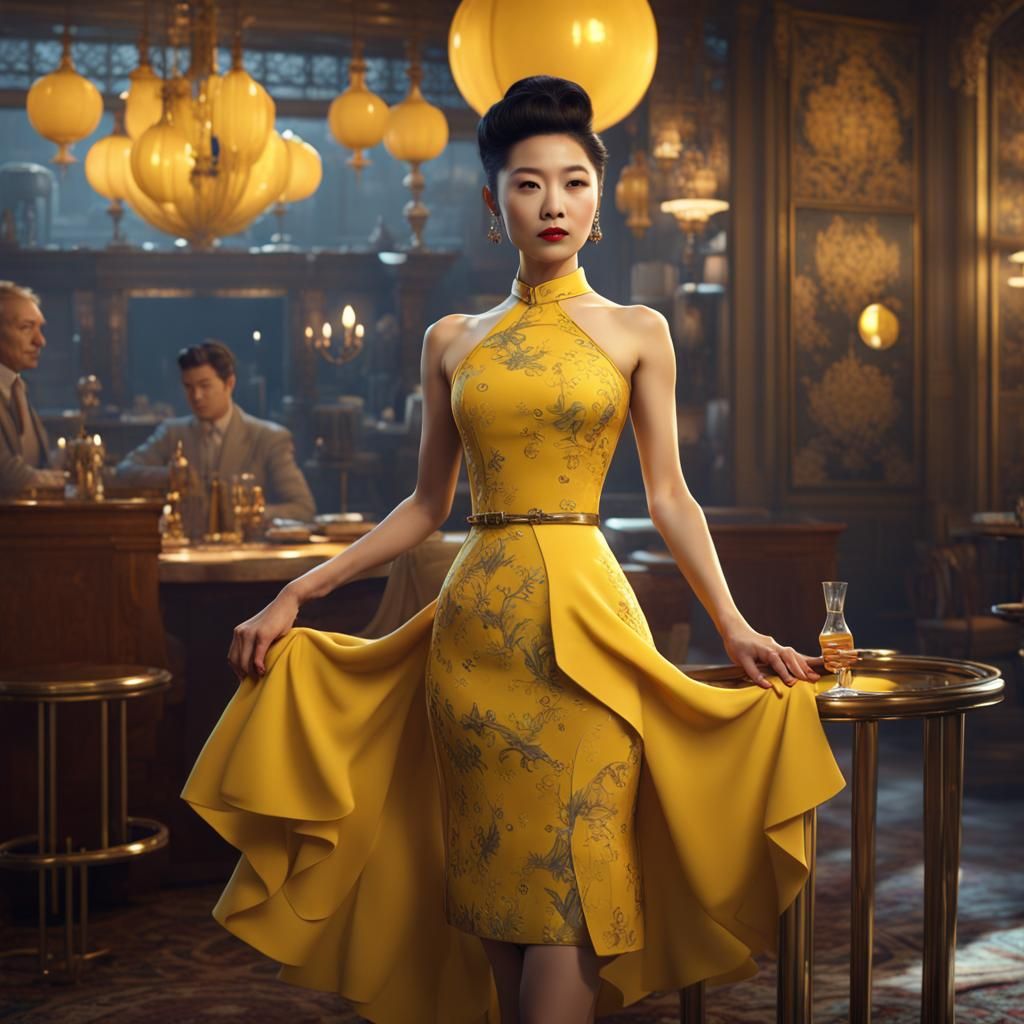 Penny Lin in 1950s Yellow Cocktail Dress