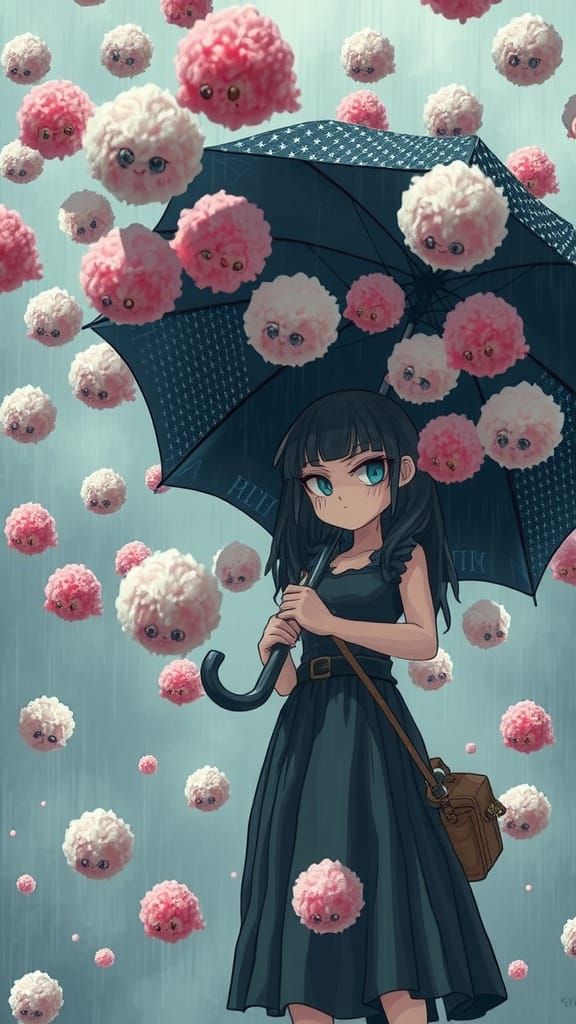 Gothic Girl's Pompom Apocalypse: A Whimsical AI Image