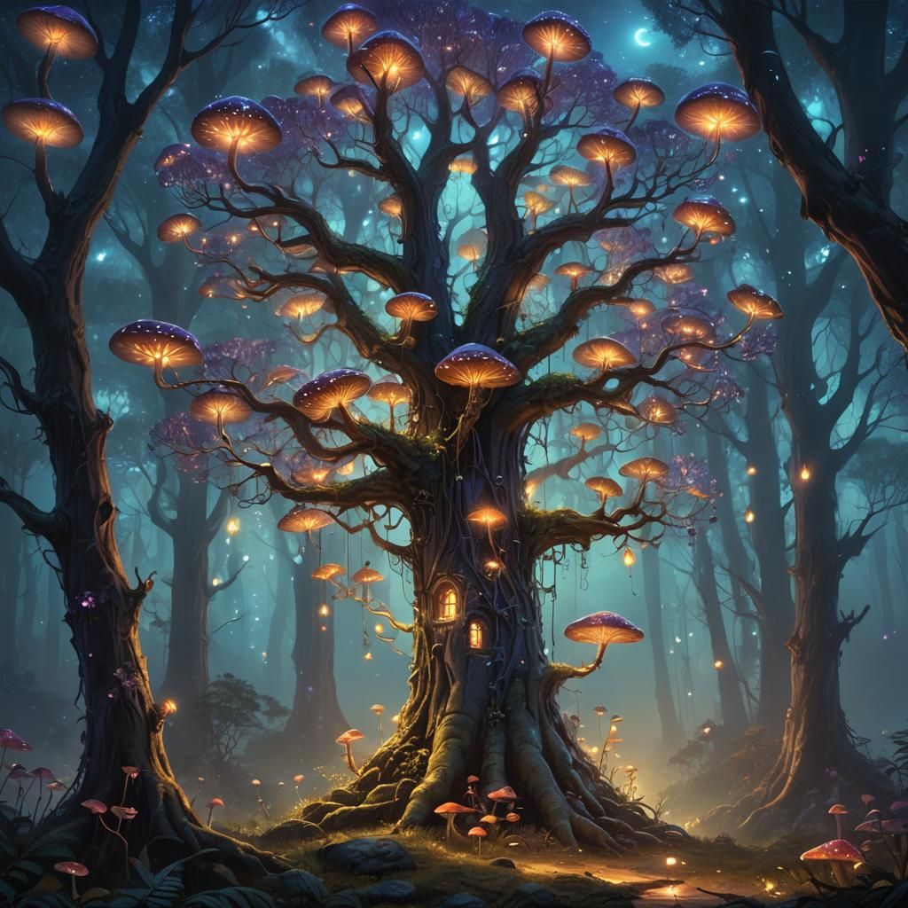 Mystical Tree with Glowing Mushrooms, Fantasy Art