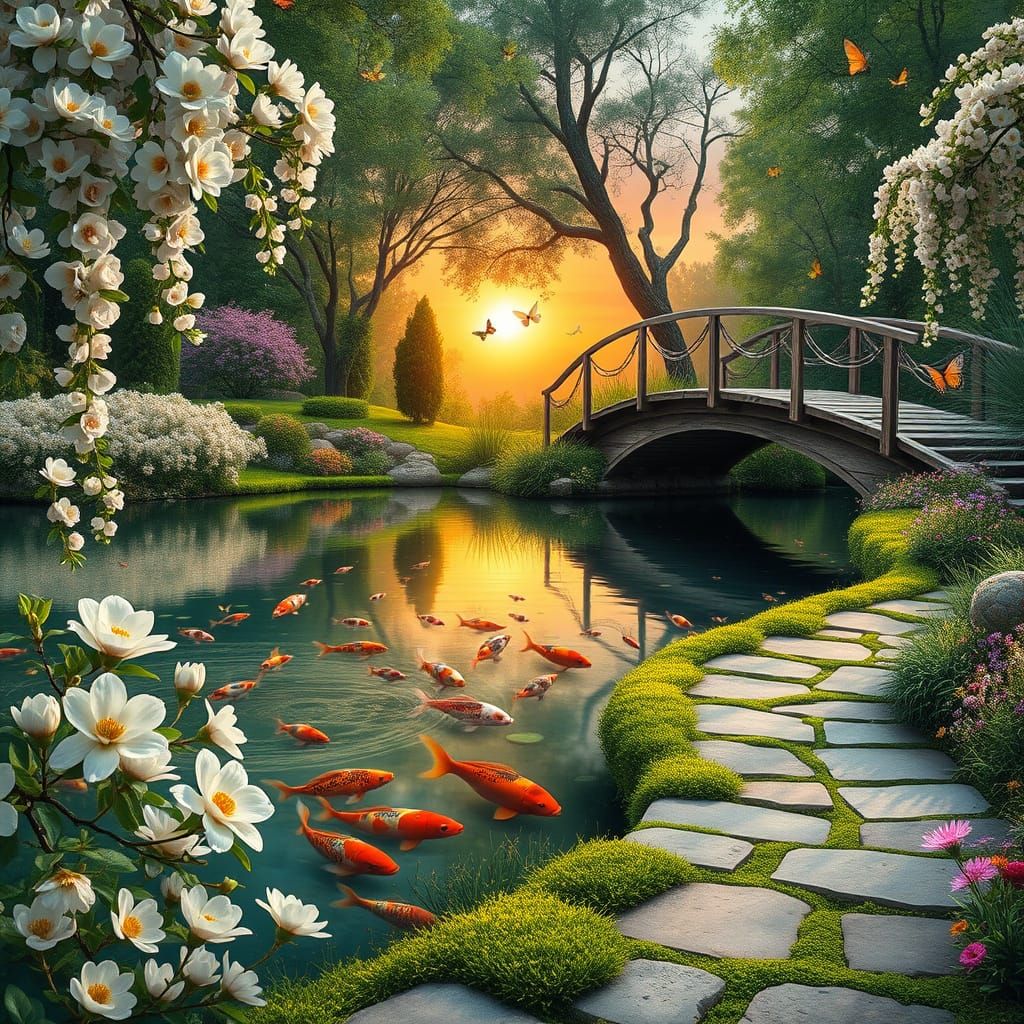 Serene Garden Oasis at Sunset