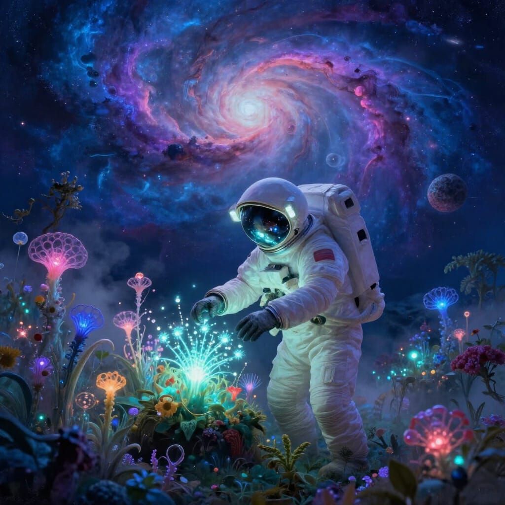 Astronaut Tends Alien Bioluminescent Garden Under Nebula Sky
