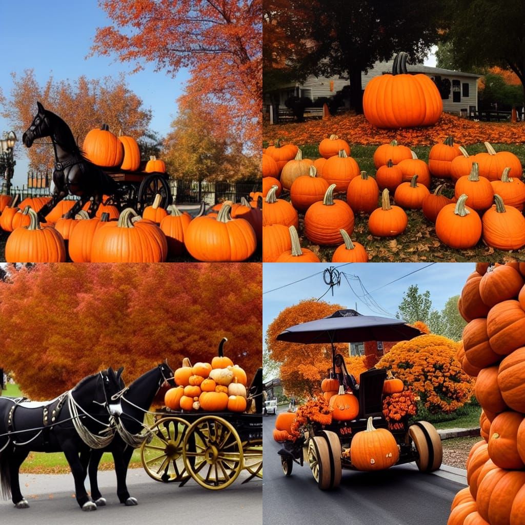 Charming Halloween Town Scene with Carriages and Pumpkins