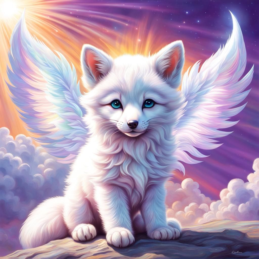 Opalescent Fox Pup with Wings in Dreamy Sky