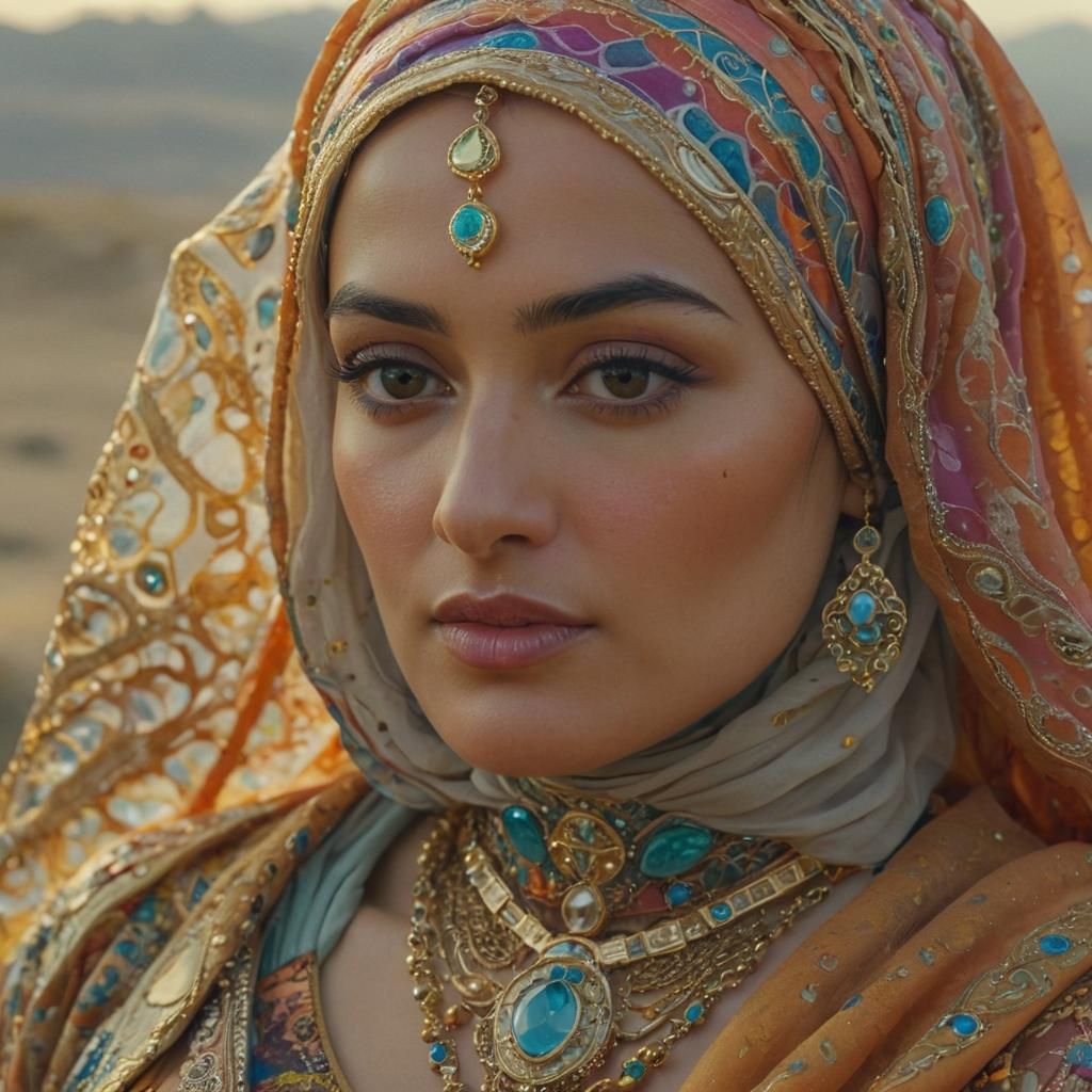 Hijabi Woman in Detailed Clothing, Hyper-Realistic Portrait