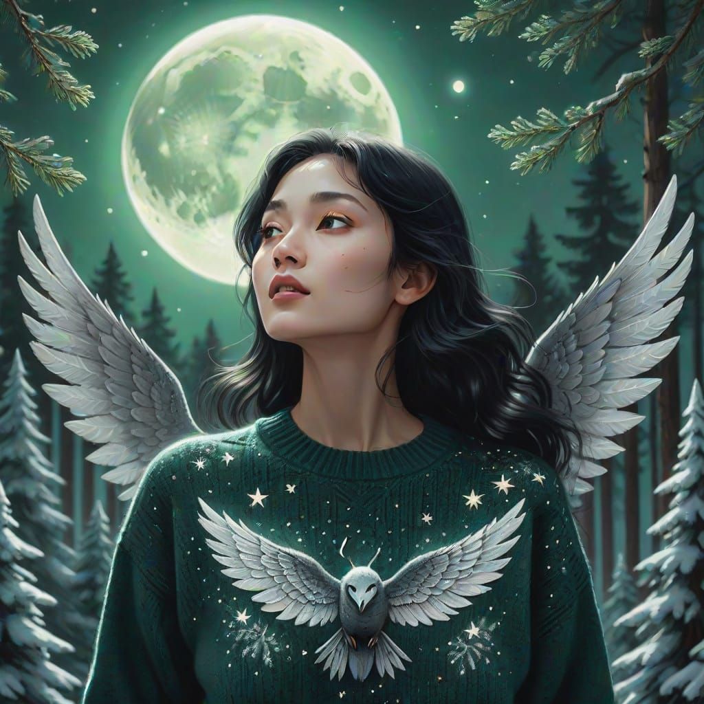 Woman with Moonlit Wings in Winter Landscape