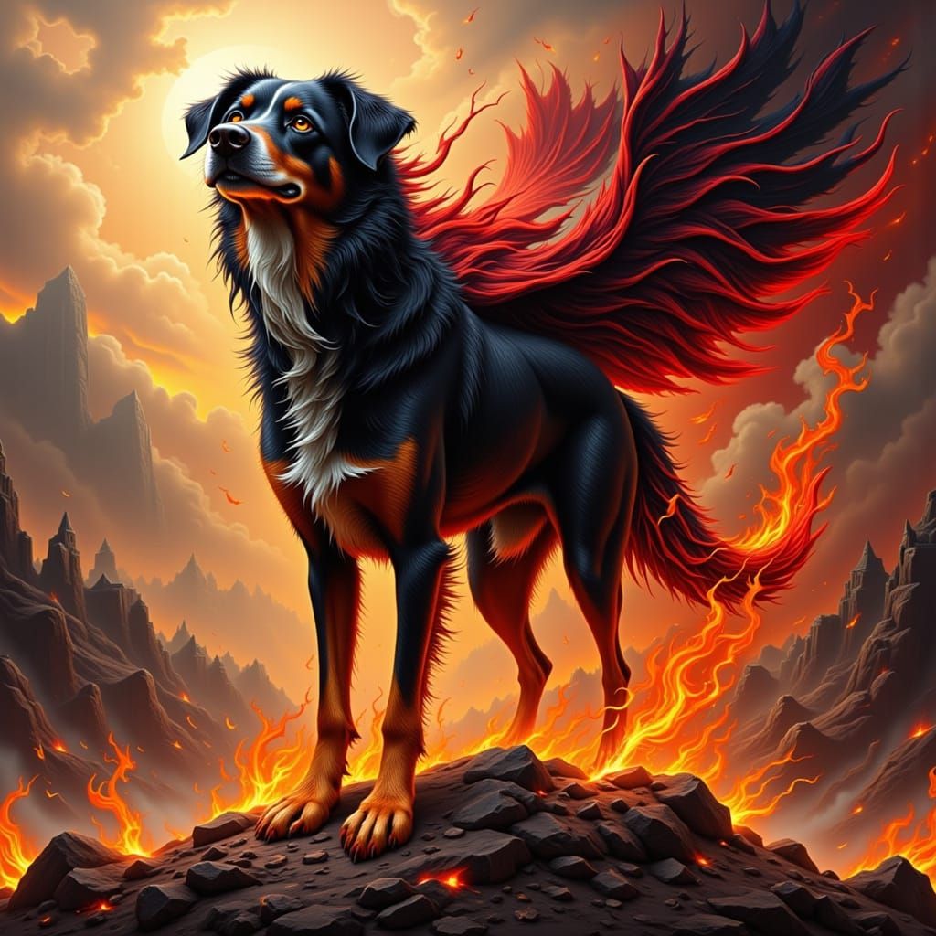 Dog with Fur of Fire in Caricature Style