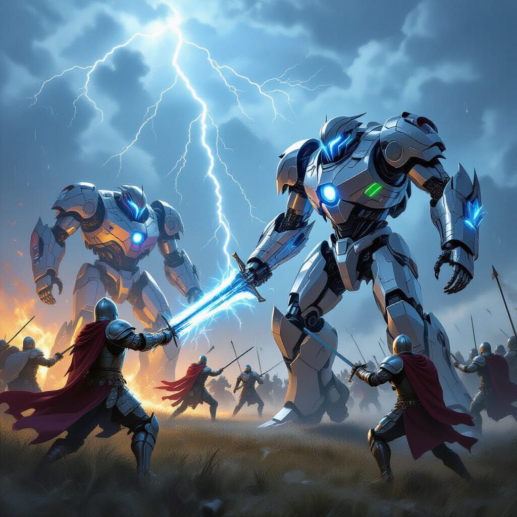 Knights Clash with Futuristic Robots Under Stormy Sky