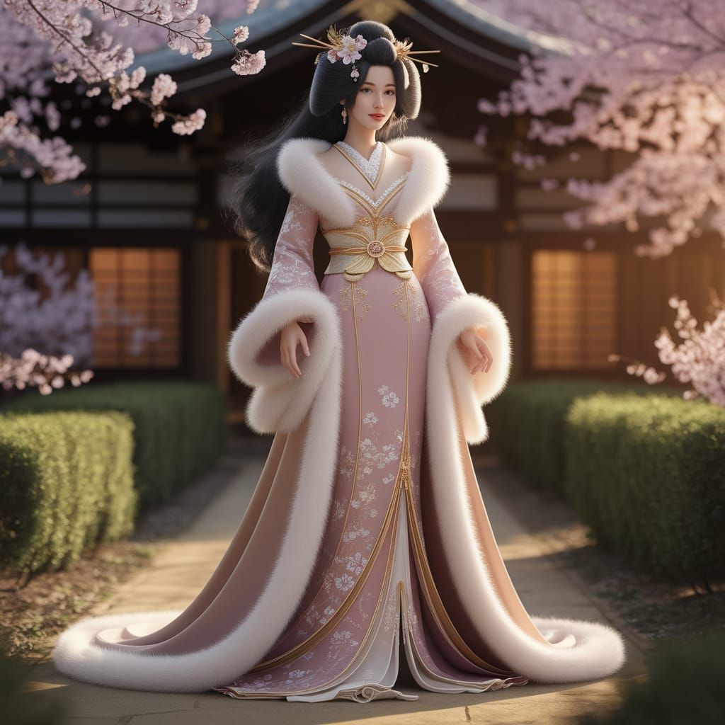 Japanese Princess in Serene Garden Digital Art
