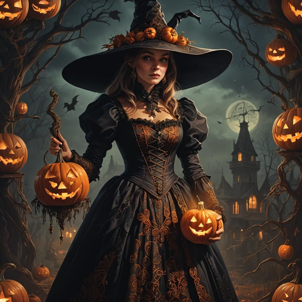 Victorian Witch with Glowing Jack-o-Lantern