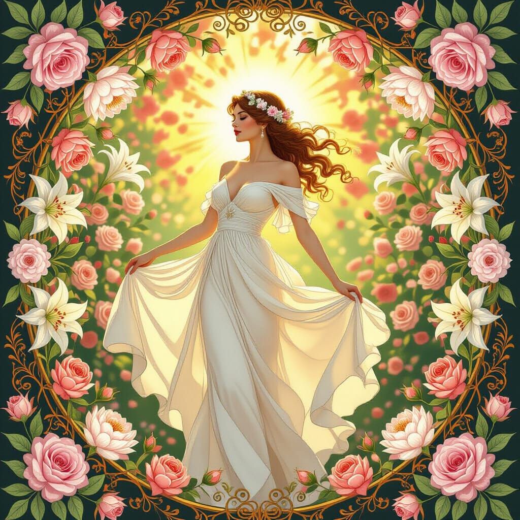 Woman in Mirrored Garden: Art Nouveau Digital Art