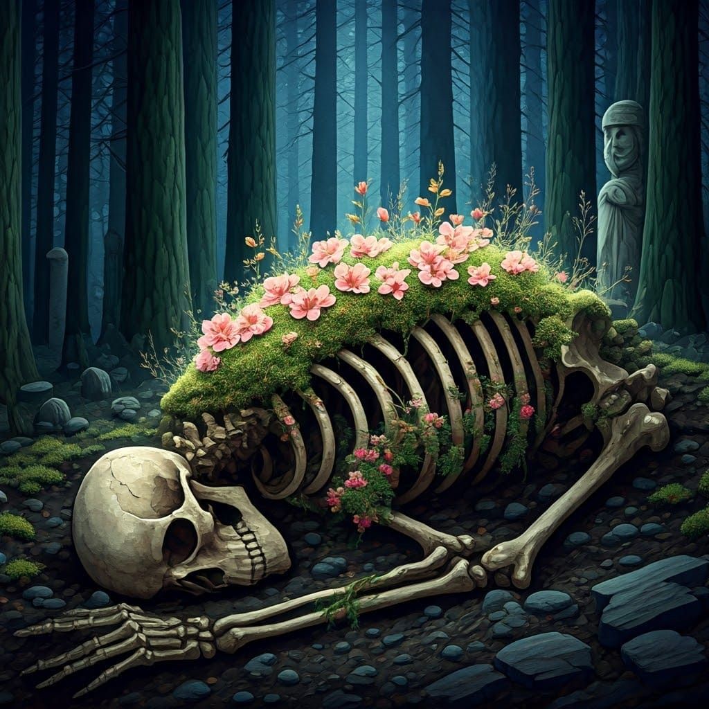 Ethereal Skeleton Blooms Amidst Ancient Ruins