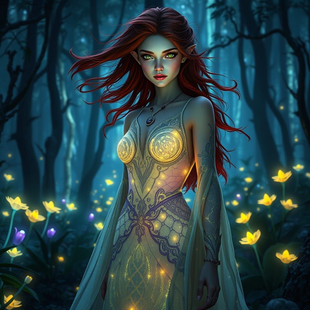 Nordic Goddess in Bioluminescent Forest, Digital Art