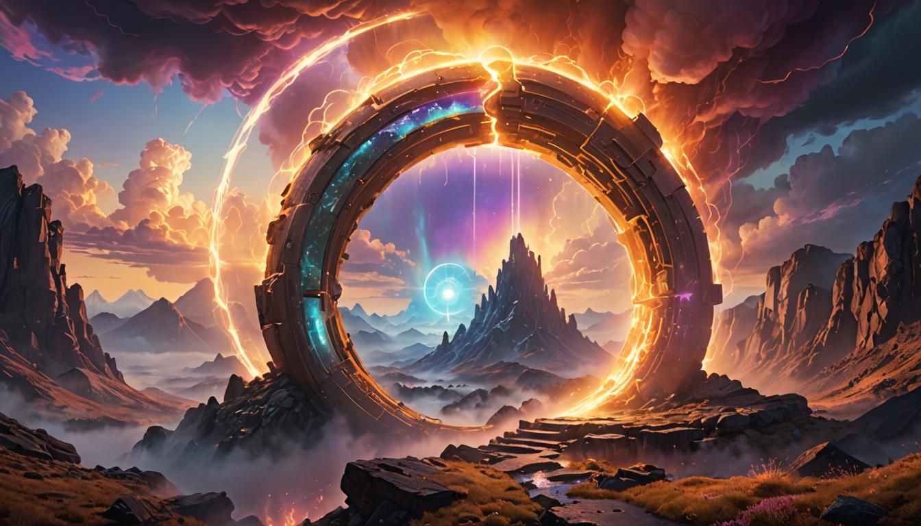 Glowing Portal Above Misty Landscape in Digital Painting