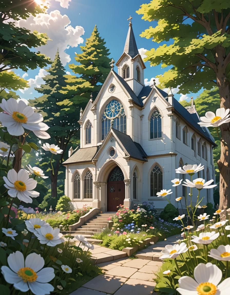 Anime Poppy Flower at Sunny Country Church