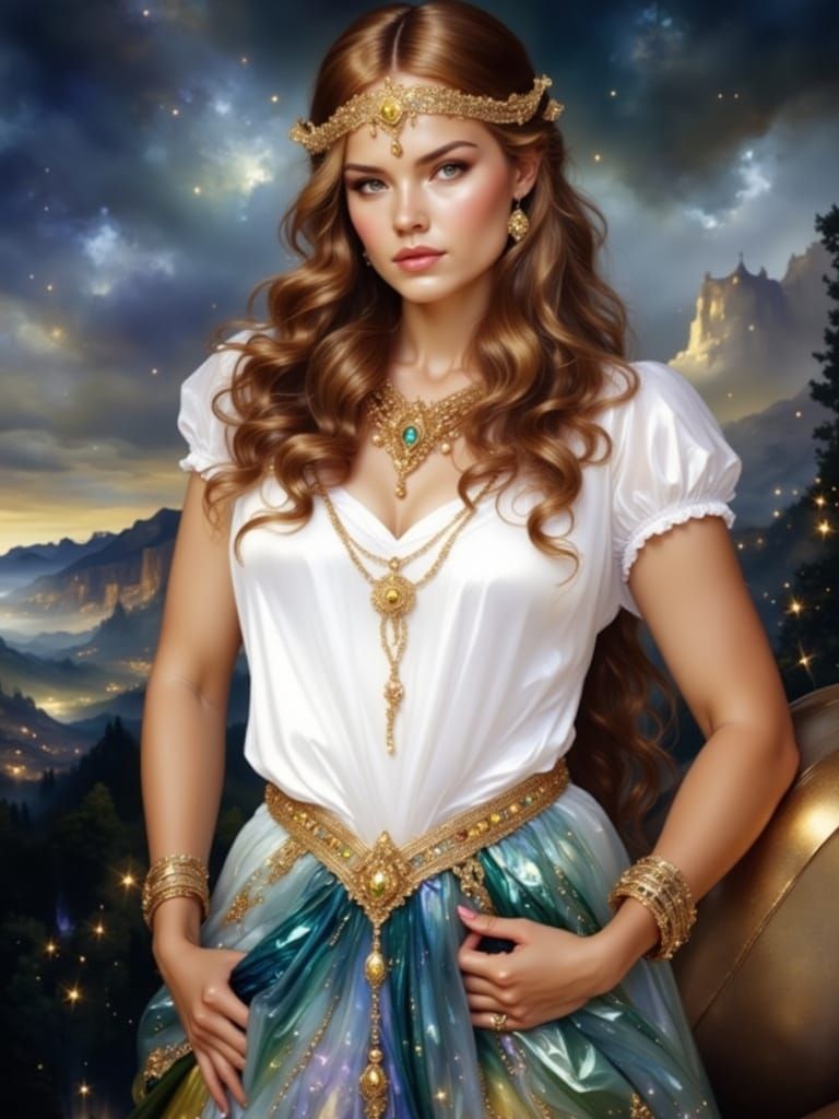 Elegant Blond Elf Queen in Flowing Silk Robes