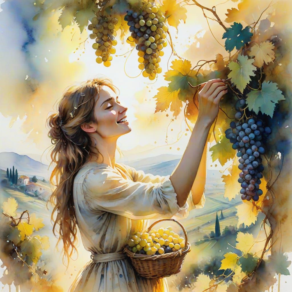 Joyful Woman Harvesting Grapes in Italy Watercolor