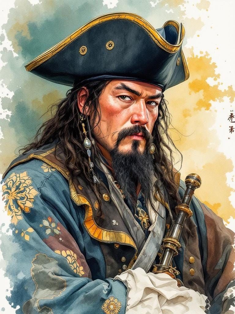 Blackbeard Portrait in Folk Watercolor Style