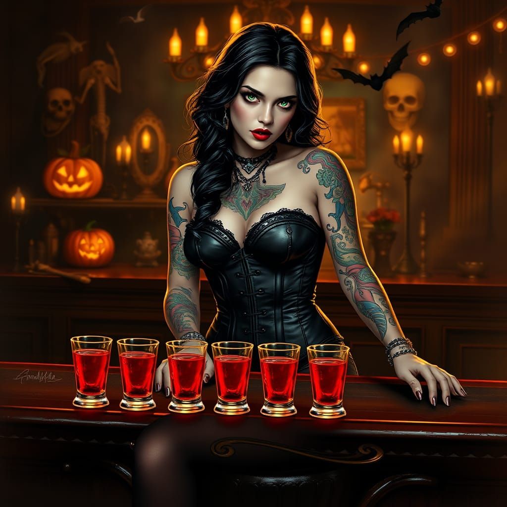 Gothic Vampire Bartender in Halloween Club