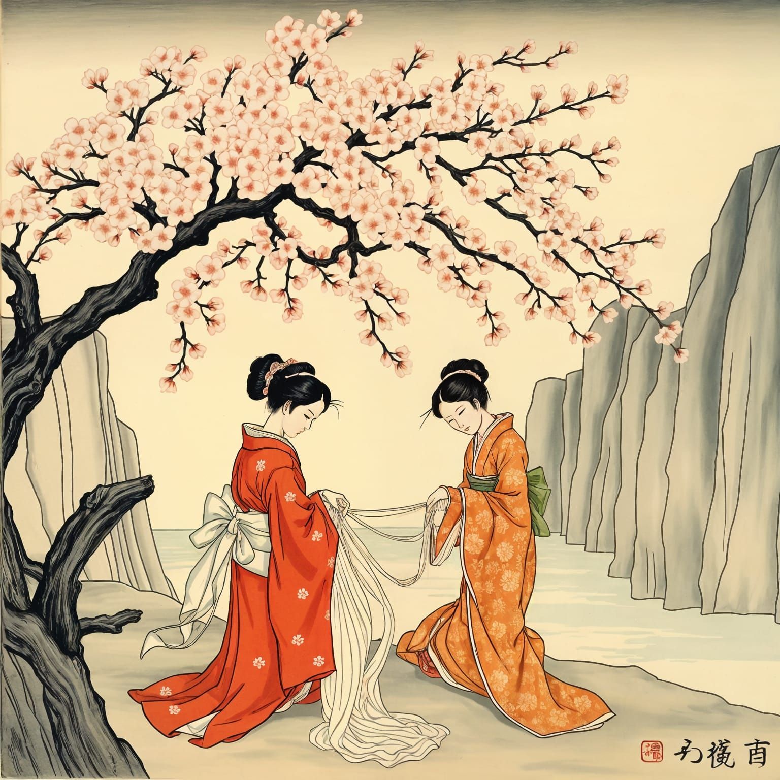 Silk Making Scene in Utagawa Hiroshige Style