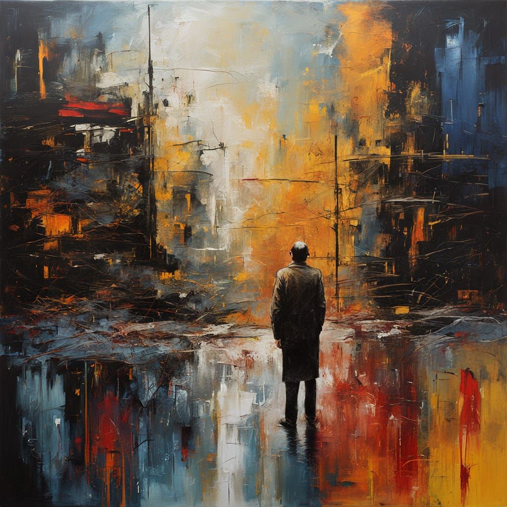 Abstract Expressionist Figure Embracing Object in Vibrant Oi...