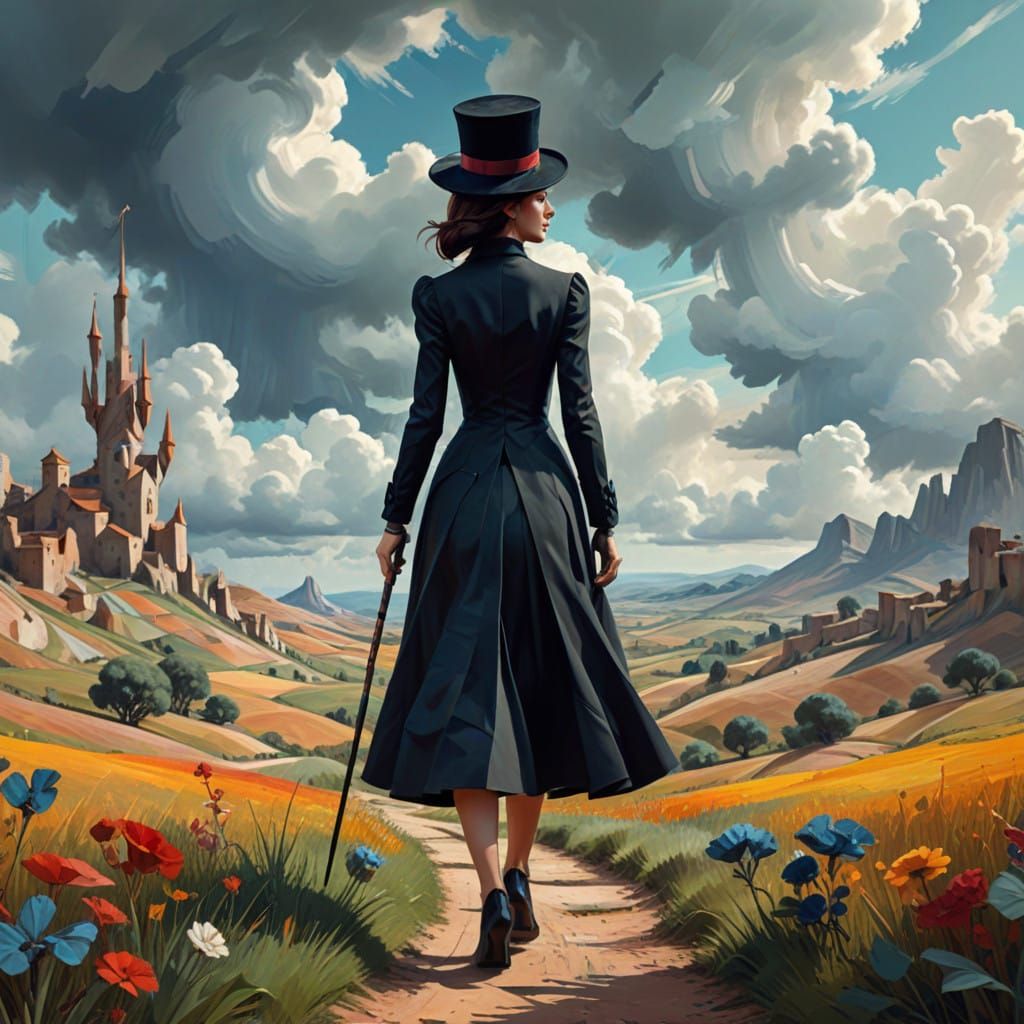 Woman in Cubist-Inspired 2.5D Fantasy Landscape