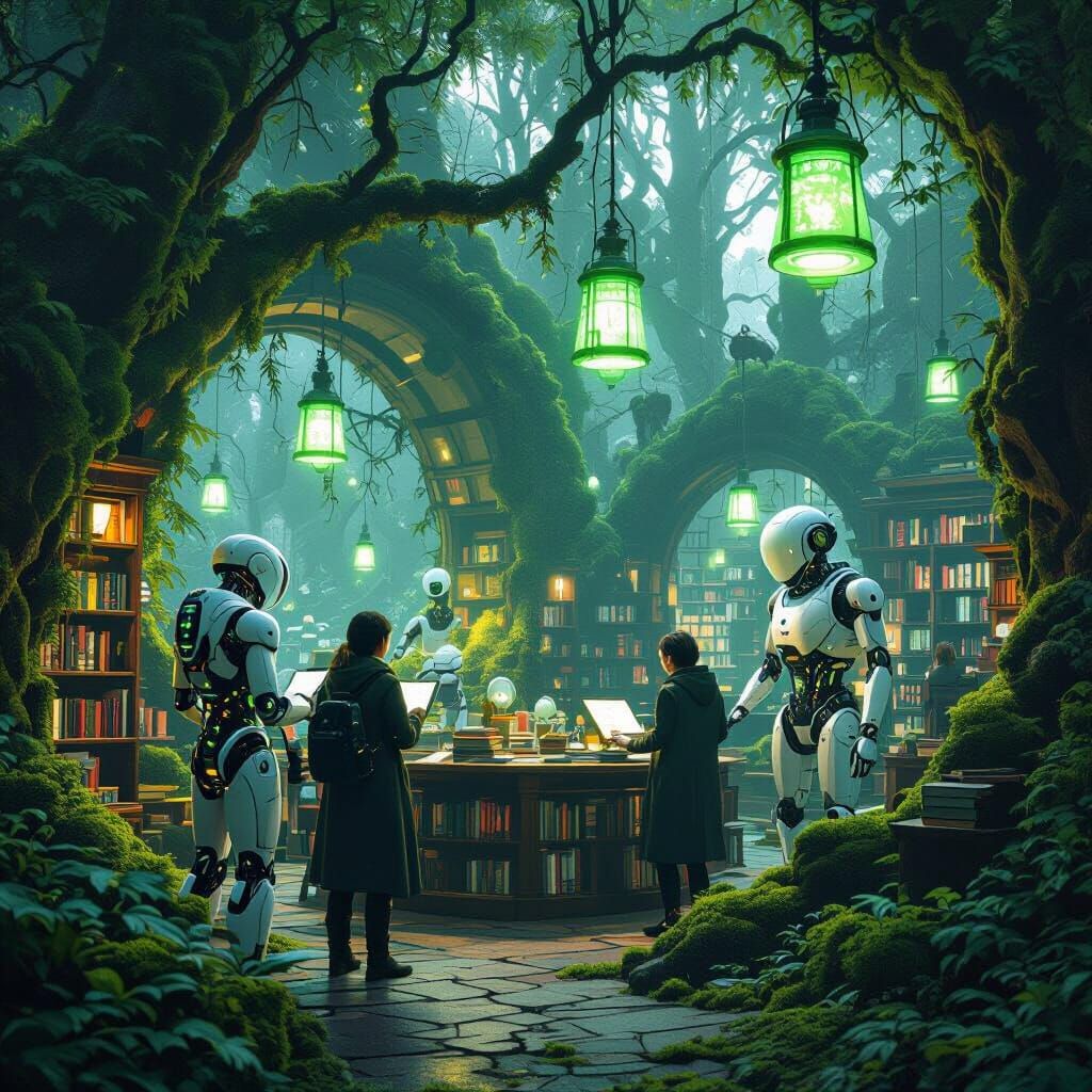 Bioluminescent Library in Mossy Woods, Fantasy Concept Art