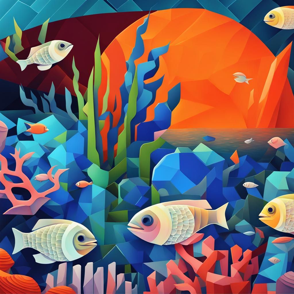 Cubist Moonlit Coral Reef Art Deco Painting