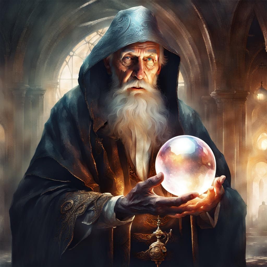 Magician with Luminous Sphere: Digital Watercolor Art