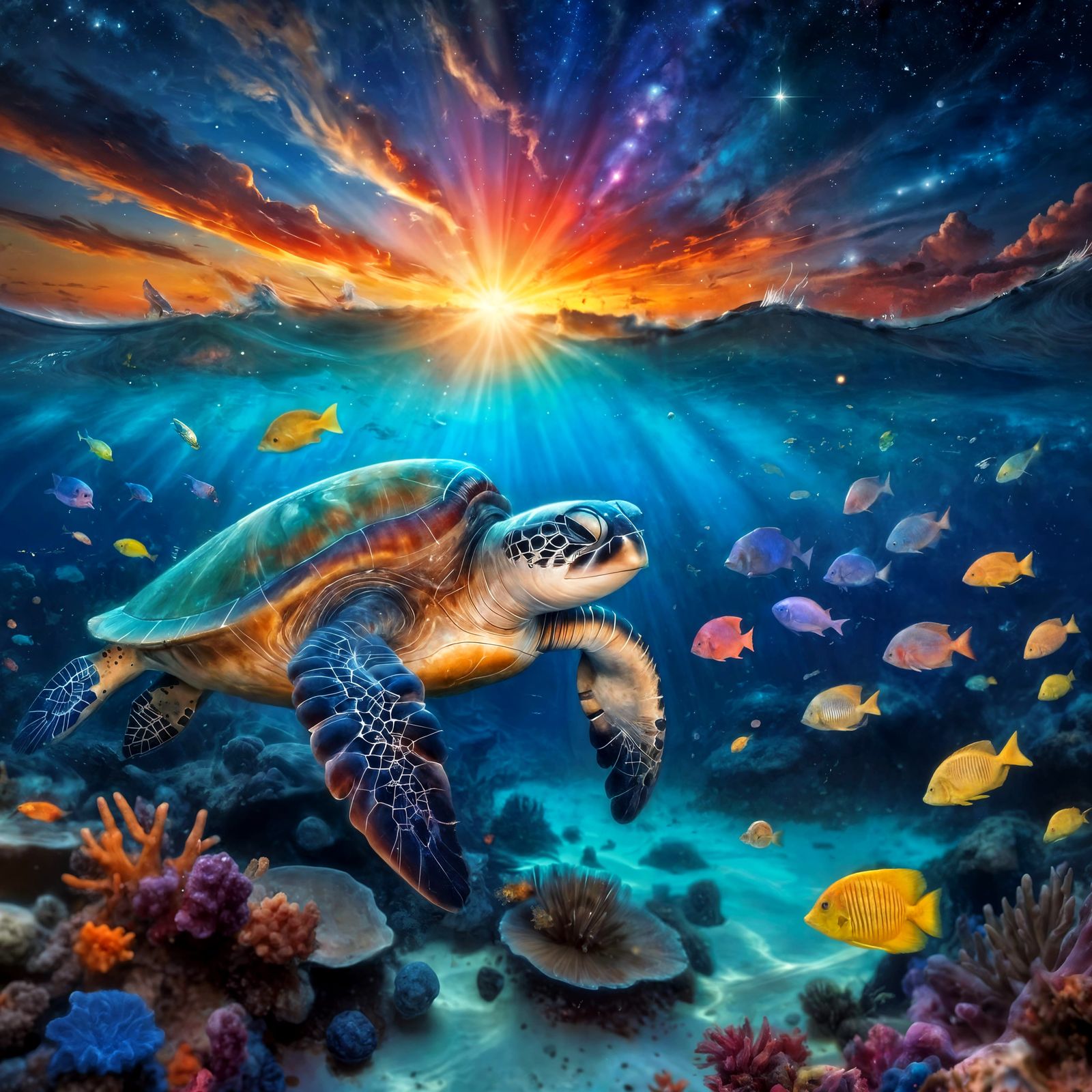 Colorful Underwater Ocean with Galaxy Sky