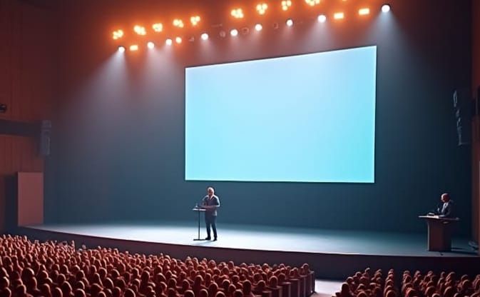 Speaker on Stage Addressing Large Audience in Auditorium