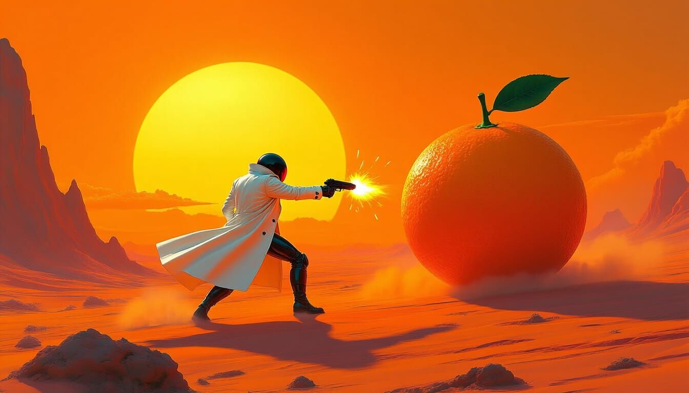Anthropomorphic Orange Fights Bugs in Retro-Futuristic World