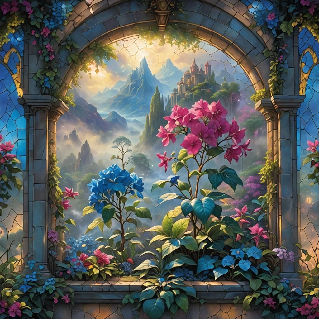 Bougainvillea in Stained Glass: Ethereal Digital Painting