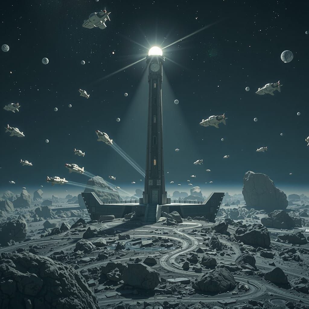Futuristic Lighthouse Guides Spaceships Through Asteroid Fie...