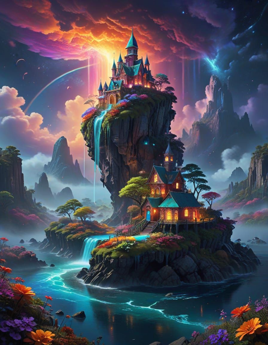 Surreal Nighttime Village on a Floating Island in Vibrant Bi...