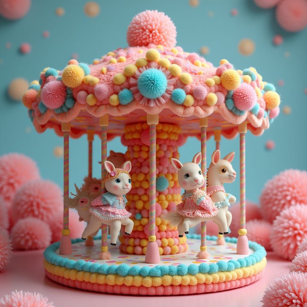 Colorful Pom-Pom Carousel with Cute Animals